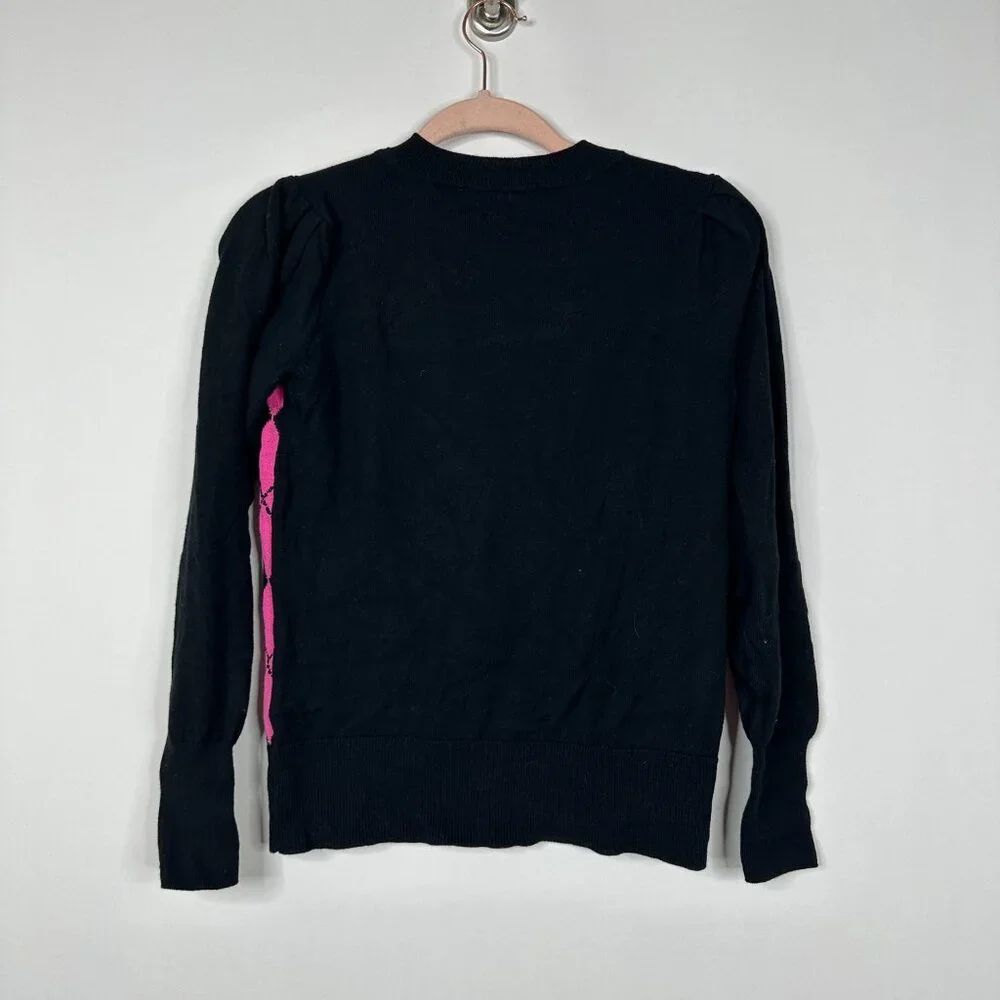 2/$30 Elliott Lauren Argyle Print Pullover Sweater Black Hot Pink XS #1555